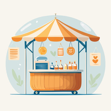 Outdoor market stall with canopy and various bottles and jars displayed