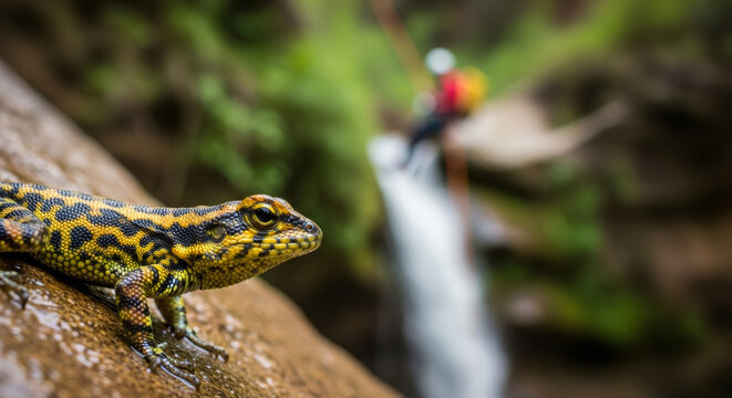 Lizard on a rock watches a man rappelling down a waterfall. Canyoneering adventure theme with wildlife. Extreme outdoor sport.