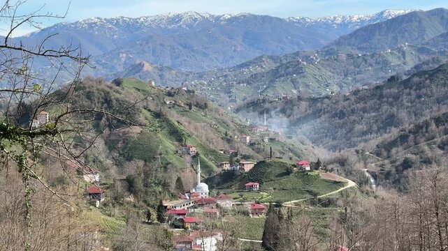 A view from an electricity pole in Turkey of the Kackar Mountains and nearby villages in the city of Rize.
