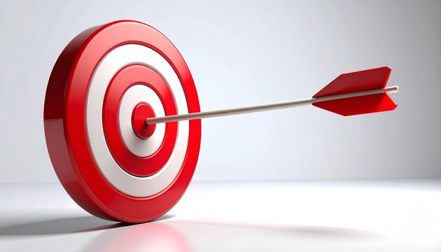 中心に矢が刺さった的（ターゲット）の目標達成3Dイラスト