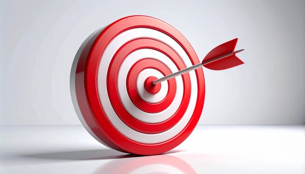 中心に矢が刺さった的（ターゲット）の目標達成3Dイラスト