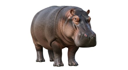 Obraz premium A majestic hippopotamus stands isolated, showcasing its powerful build and distinctive features, a magnificent creature of the wild ideal for nature and animal-themed content