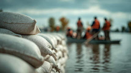Stacked sandbags in sharp focus with blurred people wearing life jackets preparing on a boat in the water under a cloudy sky during flood prevention efforts