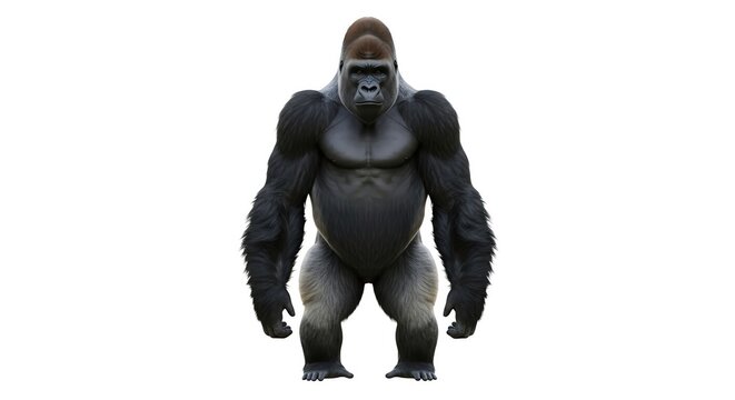 A majestic and powerful silverback gorilla stands confidently on a white background, showcasing its impressive physique and imposing presence