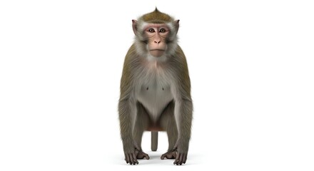 Detailed full-body portrait of a vigilant macaque primate standing upright and looking directly forward, isolated against a pristine white background for clear study