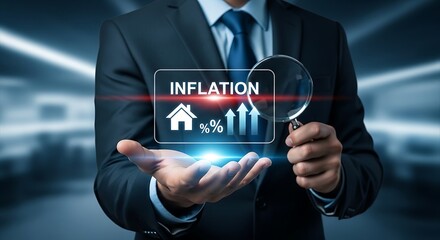 Businessman Analyzing Inflation with Magnifying Glass.