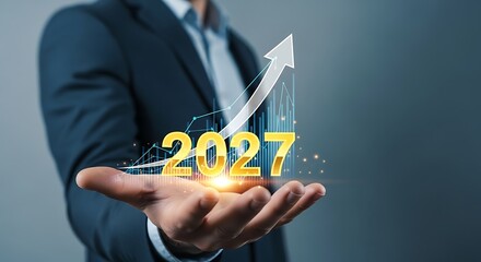Businessman Holding 2027 Growth Projection Concept.