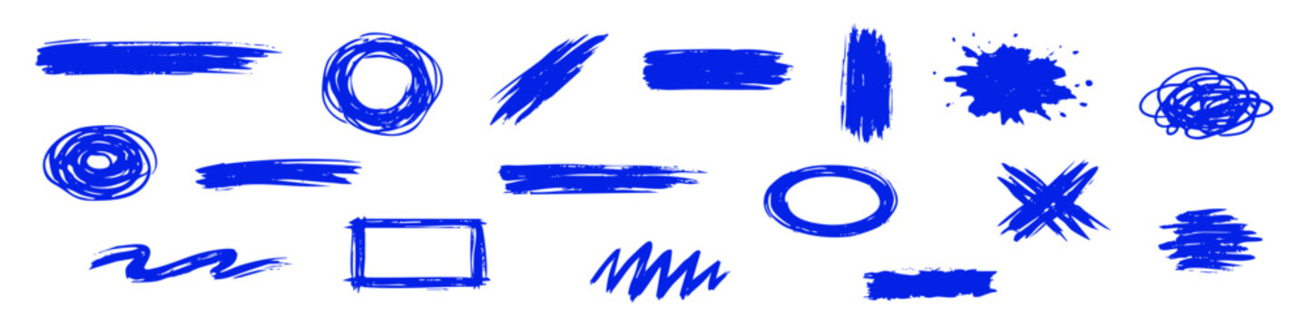 Set of blue hand-drawn brush strokes, ink splats, and geometric shapes like circles and rectangles. Abstract textured elements on white background.