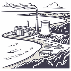Obraz premium A nuclear power plant situated by the water