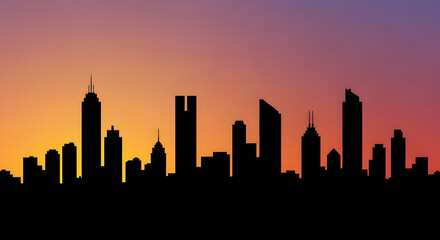 Obraz premium City skyline silhouette against a vibrant orange and purple sunset gradient.