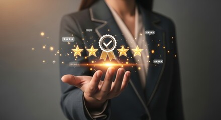 Businesswoman presenting five-star quality rating concept.