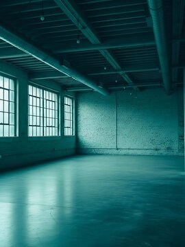 Ethereal industrial space interior exhibiting a teal-toned empty warehouse