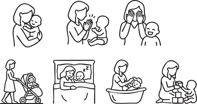 A comprehensive collection of line art icons illustrating a mother's daily activities and tender interactions with her adorable baby, showcasing nurturing care and playful bonding moments.