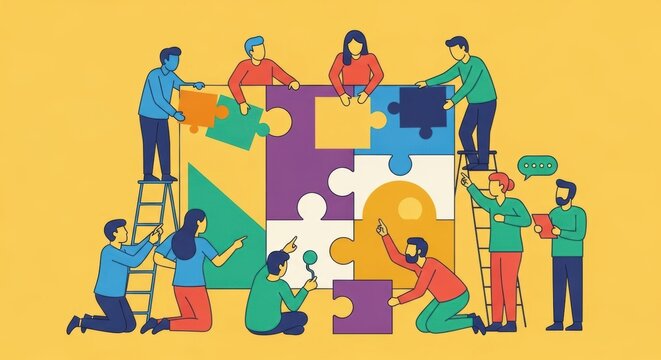 Teamwork and collaboration: Diverse people building a puzzle together, symbolizing unity, problem-solving, and shared goals in a bright, modern illustration.
