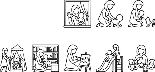 Collection of simple line art icons depicting various nurturing activities between a mother figure and a baby or young child at home and play