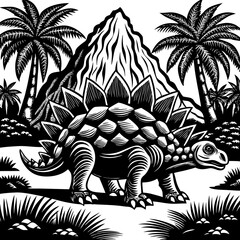 Black and white illustration of a Stegosaurus dinosaur in a prehistoric landscape with palm trees and a volcano. © davis