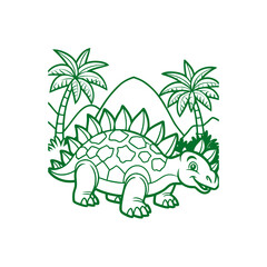 Cute cartoon stegosaurus dinosaur in a prehistoric landscape with palm trees and mountains, perfect for children's coloring books. © davis