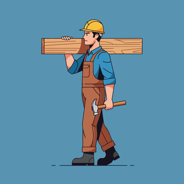 Carpenter carrying wood plank and hammer, construction worker, DIY, professional builder