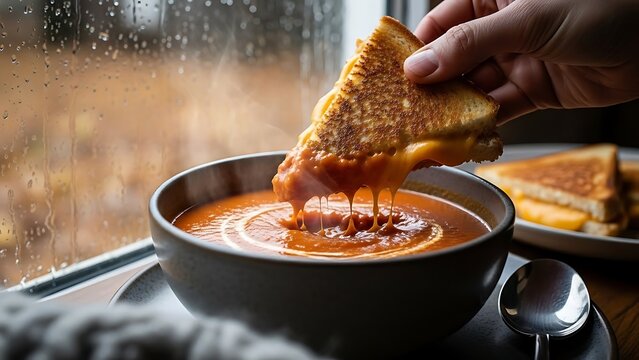 Hand dipping a grilled cheese sandwich into a bowl of creamy tomato soup, with steam rising, next to a rainy window
