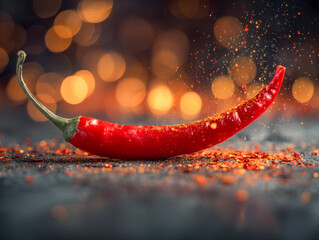 Vibrant red chili pepper with spicy chili flakes scattered around on textured surface with warm glowing bokeh lights in the background