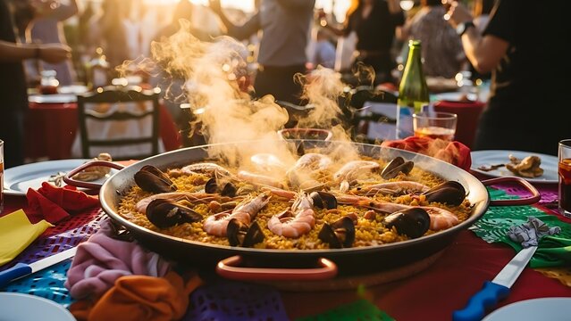 Traditional seafood paella with large prawns mussels and saffron rice served in a large pan at festive outdoor garden party