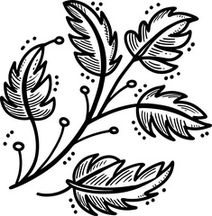 Obraz premium black and white floral branch with stylized leaves drawing on white background
