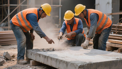 Three construction workers in hard hats and safety vests examine a concrete slab on a dusty work site with one pointing and another using a tool