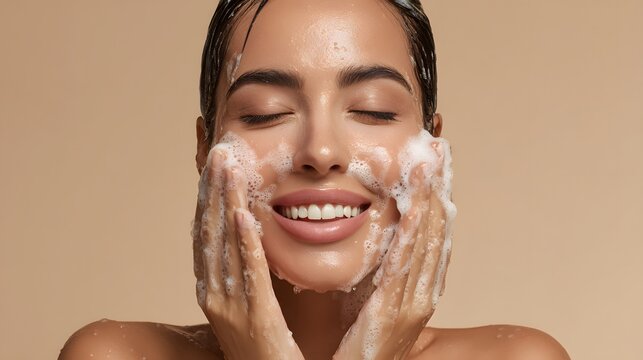 Closeup of a woman washing her face with a foamy cleanser, eyes closed in a calm expression. Soft lighting, warm tones, freshness and gentle skincare