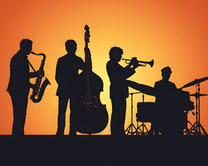 a silhouette of a jazz band performing with gradient background