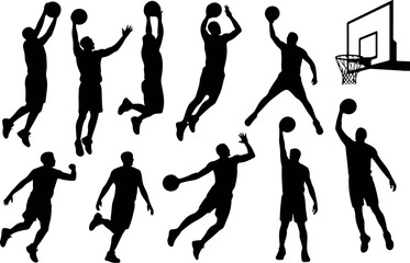 Basketball Player Silhouette Vector Set Slam Dunk and Jumping Action Poses © Rafad_Studio
