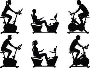 Exercise bike silhouette illustration, upright and recumbent stationary cycling, fitness training vector artwork, gym workout equipment design, cardio exercise, health and wellness concept. © MOSTSUMAIYA
