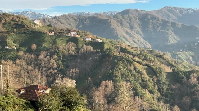 A view from an electricity pole in Turkey of the Kackar Mountains and nearby villages in the city of Rize.