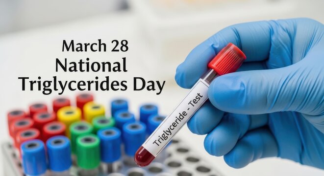 Hand holding triglyceride test tube on National Triglycerides Day