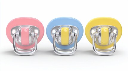 Three colorful pacifiers in pink, blue, and yellow, arranged in a row, white background