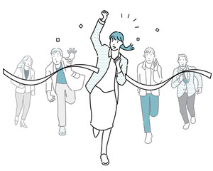 ゴールテープを切るビジネスパーソンのイメージイラストー競争の勝者ー白バックイラスト素材