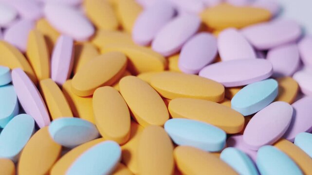Rotating pile of multicolored pastel pills filmed in close up on white background showing concepts in nutritional science, daily vitamins, supplement and the pharmaceutical industry.
