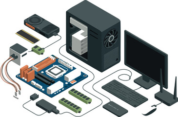 Isometric Desktop PC Components Vector Set Motherboard, CPU, RAM, GPU and Hardware Elements