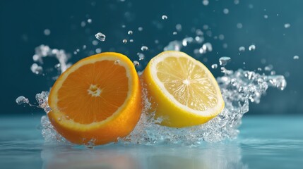 Citrus slices splashing in blue water