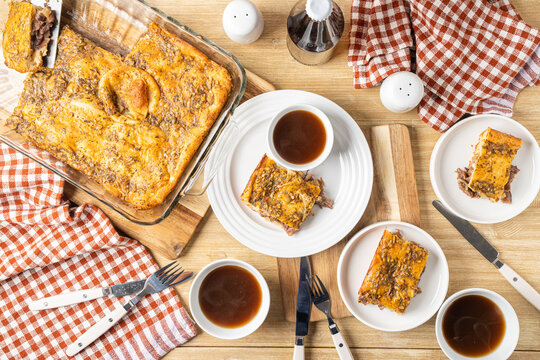 French dip roast beef sandwich with au jus dip