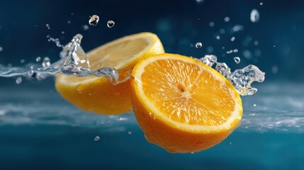 Orange and lemon halves splashing water