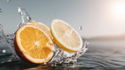 Citrus slices splashing outdoors