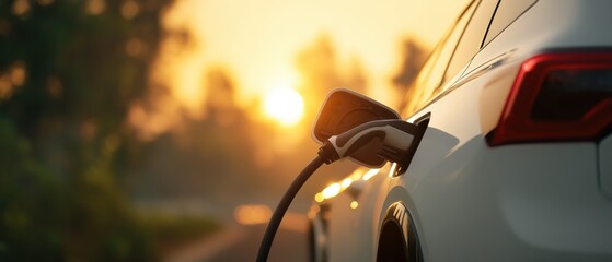 EV plugged into charger at dusk