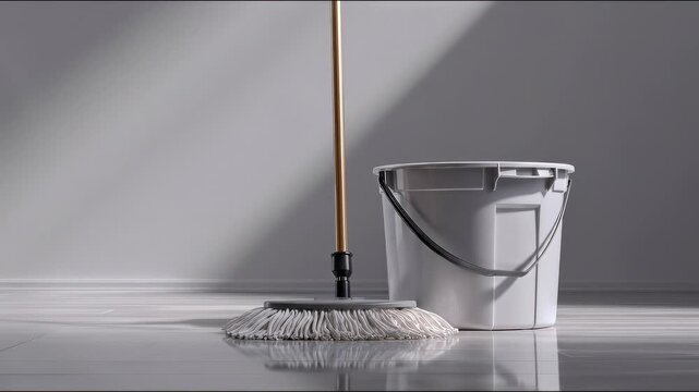A mop and bucket set against a plain background, showcasing simplicity and cleanliness in a minimalist setting