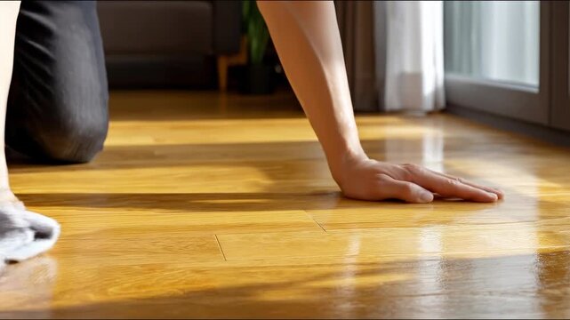 A close-up view of a person cleaning a wooden floor with a cloth, emphasizing light reflections and details in the warm wood grain