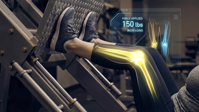 A focused individual intensely working their leg muscles on a leg press machine, a display highlights the force and anatomy, promoting fitness and health.