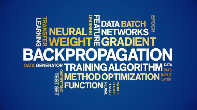 Backpropagation animated word cloud-text design animation tag kinetic typography seamless loop.