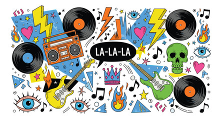 Obraz premium Colorful music doodle illustration with vinyl records, electric guitars and lightning bolts, retro pop art composition for creative poster design