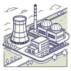 Naklejka premium A nuclear power plant with a cooling tower and buildings