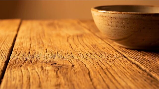 A close-up captures a rustic wooden table with a ceramic bowl, showcasing warm tones and textures in a soft-lit, inviting setting.