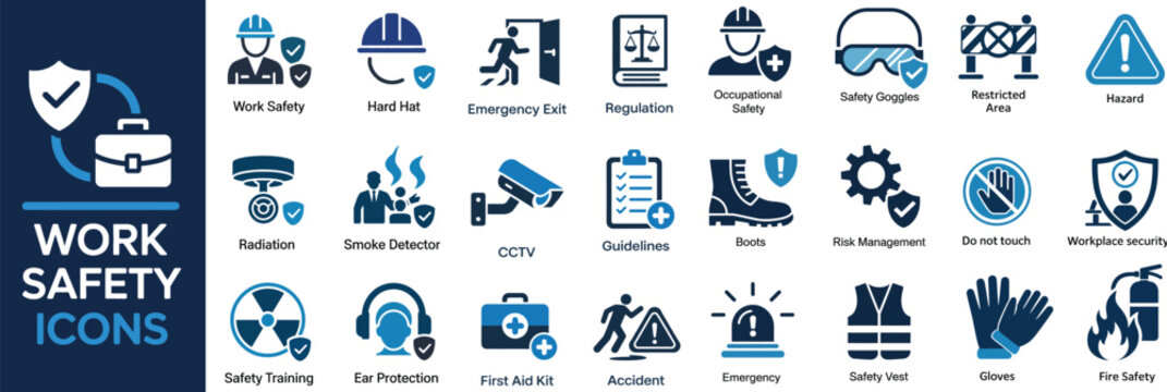 Work Safety Icon Set &ndash; Hard Hat, Risk Management, First Aid Kit, Ear Protection, Workplace Security, CCTV, Regulation, Safety Training and Hazard Solid Vector Icons Collection